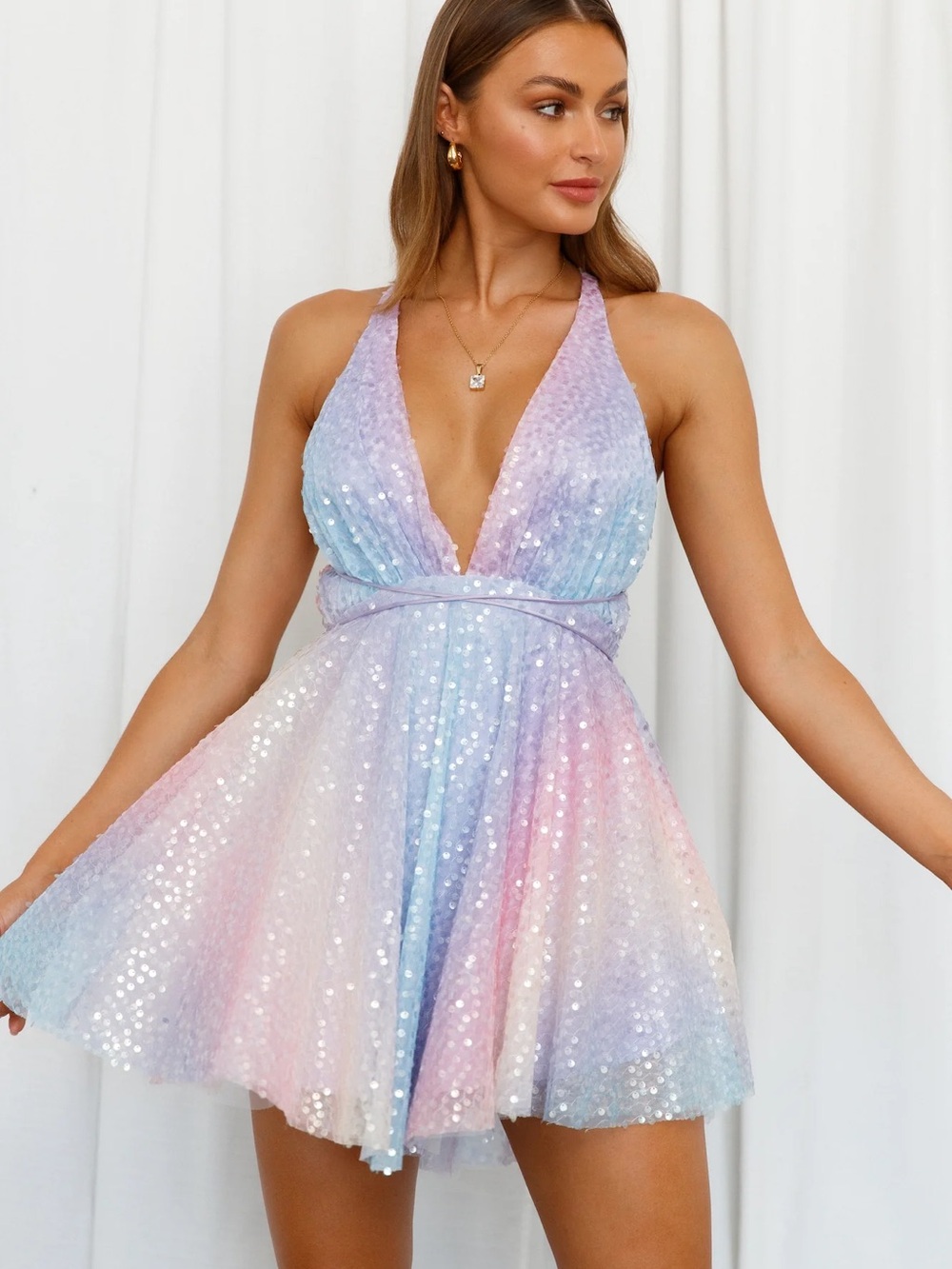 NWT Hello Molly pastel rainbow sequin mini dress - Picture 3 of 9